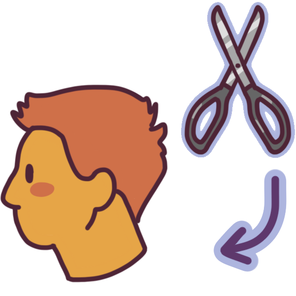 a person’s head in profile, and a pair of scissors pointing to the hair. the hair is straight and short.